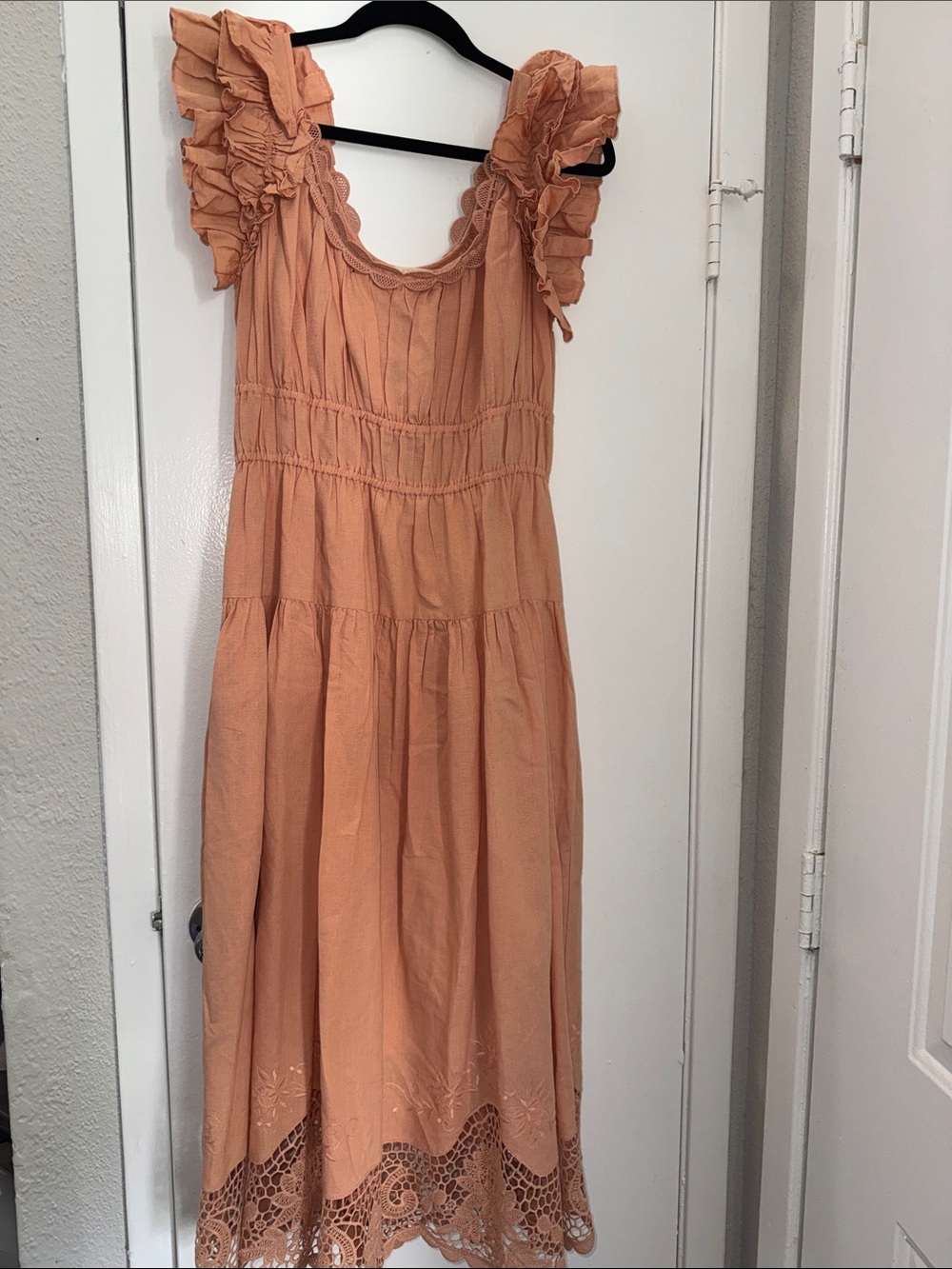 Ulla Johnson Peach Ruffle-Sleeve Midi Dress